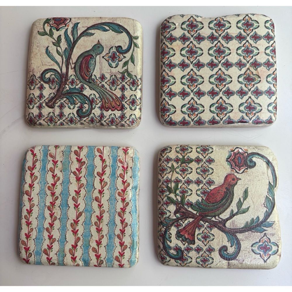 Vintage Kate McRostie Ceramic Tiles Coasters Set of 4 Blue Red Birds